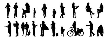 Vektör siluetleri, insanların ana hatları, Contour çizimleri, insanların siluetleri, ikon kümesi izole edilmiş, oturan insanların silueti, mimari set