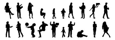 Vektör siluetleri, insanların ana hatları, Contour çizimleri, insanların siluetleri, ikon kümesi izole edilmiş, oturan insanların silueti, mimari set