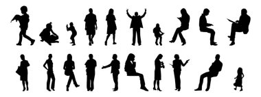 Vektör siluetleri, insanların ana hatları, Contour çizimleri, insanların siluetleri, ikon kümesi izole edilmiş, oturan insanların silueti, mimari set