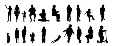 Vektör siluetleri, insanların ana hatları, Contour çizimleri, insanların siluetleri, ikon kümesi izole edilmiş, oturan insanların silueti, mimari set