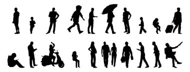 Vektör siluetleri, insanların ana hatları, Contour çizimleri, insanların siluetleri, ikon kümesi izole edilmiş, oturan insanların silueti, mimari set