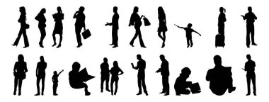 Vektör siluetleri, insanların ana hatları, Contour çizimleri, insanların siluetleri, ikon kümesi izole edilmiş, oturan insanların silueti, mimari set