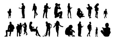 Vektör siluetleri, insanların ana hatları, Contour çizimleri, insanların siluetleri, ikon kümesi izole edilmiş, oturan insanların silueti, mimari set