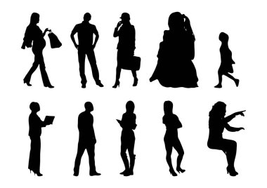 Vektör siluetleri, insanların ana hatları, Contour çizimleri, insanların siluetleri, ikon kümesi izole edilmiş, oturan insanların silueti, mimari set