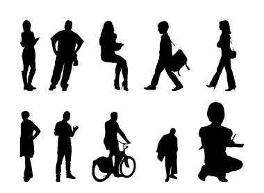 Vektör siluetleri, insanların ana hatları, Contour çizimleri, insanların siluetleri, ikon kümesi izole edilmiş, oturan insanların silueti, mimari set