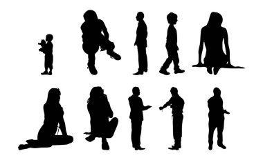 Vektör siluetleri, insanların ana hatları, Contour çizimleri, insanların siluetleri, ikon kümesi izole edilmiş, oturan insanların silueti, mimari set