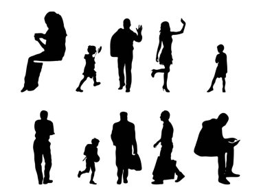 Vektör siluetleri, insanların ana hatları, Contour çizimleri, insanların siluetleri, ikon kümesi izole edilmiş, oturan insanların silueti, mimari set