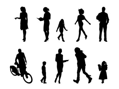 Vektör siluetleri, insanların ana hatları, Contour çizimleri, insanların siluetleri, ikon kümesi izole edilmiş, oturan insanların silueti, mimari set