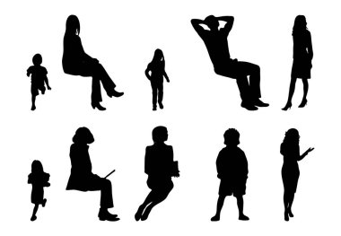 Vektör siluetleri, insanların ana hatları, Contour çizimleri, insanların siluetleri, ikon kümesi izole edilmiş, oturan insanların silueti, mimari set