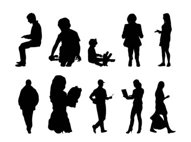 Vektör siluetleri, insanların ana hatları, Contour çizimleri, insanların siluetleri, ikon kümesi izole edilmiş, oturan insanların silueti, mimari set