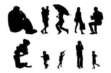 Vektör siluetleri, insanların ana hatları, Contour çizimleri, insanların siluetleri, ikon kümesi izole edilmiş, oturan insanların silueti, mimari set