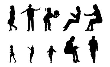 Vektör siluetleri, insanların ana hatları, Contour çizimleri, insanların siluetleri, ikon kümesi izole edilmiş, oturan insanların silueti, mimari set