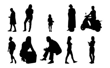 Vektör siluetleri, insanların ana hatları, Contour çizimleri, insanların siluetleri, ikon kümesi izole edilmiş, oturan insanların silueti, mimari set