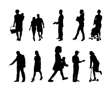 Vektör siluetleri, insanların ana hatları, Contour çizimleri, insanların siluetleri, ikon kümesi izole edilmiş, oturan insanların silueti, mimari set