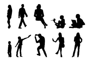 Vektör siluetleri, insanların ana hatları, Contour çizimleri, insanların siluetleri, ikon kümesi izole edilmiş, oturan insanların silueti, mimari set