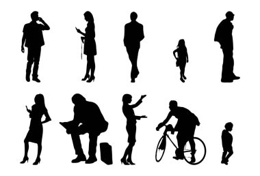 Vektör siluetleri, insanların ana hatları, Contour çizimleri, insanların siluetleri, ikon kümesi izole edilmiş, oturan insanların silueti, mimari set