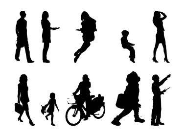 Vektör siluetleri, insanların ana hatları, Contour çizimleri, insanların siluetleri, ikon kümesi izole edilmiş, oturan insanların silueti, mimari set