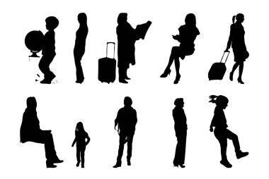 Vektör siluetleri, insanların ana hatları, Contour çizimleri, insanların siluetleri, ikon kümesi izole edilmiş, oturan insanların silueti, mimari set