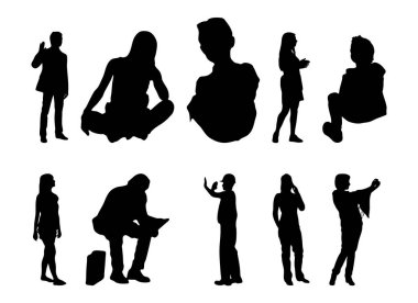 Vektör siluetleri, insanların ana hatları, Contour çizimleri, insanların siluetleri, ikon kümesi izole edilmiş, oturan insanların silueti, mimari set