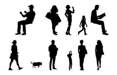Vektör siluetleri, insanların ana hatları, Contour çizimleri, insanların siluetleri, ikon kümesi izole edilmiş, oturan insanların silueti, mimari set