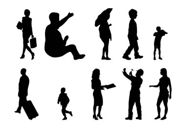 Vektör siluetleri, insanların ana hatları, Contour çizimleri, insanların siluetleri, ikon kümesi izole edilmiş, oturan insanların silueti, mimari set