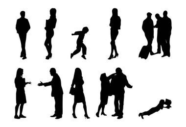 Vektör siluetleri, insanların ana hatları, Contour çizimleri, insanların siluetleri, ikon kümesi izole edilmiş, oturan insanların silueti, mimari set