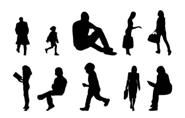 Vektör siluetleri, insanların ana hatları, Contour çizimleri, insanların siluetleri, ikon kümesi izole edilmiş, oturan insanların silueti, mimari set