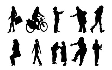 Vektör siluetleri, insanların ana hatları, Contour çizimleri, insanların siluetleri, ikon kümesi izole edilmiş, oturan insanların silueti, mimari set