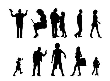 Vektör siluetleri, insanların ana hatları, Contour çizimleri, insanların siluetleri, ikon kümesi izole edilmiş, oturan insanların silueti, mimari set