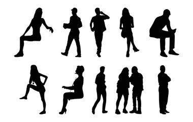 Vektör siluetleri, insanların ana hatları, Contour çizimleri, insanların siluetleri, ikon kümesi izole edilmiş, oturan insanların silueti, mimari set
