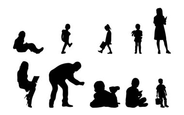 Vektör siluetleri, insanların ana hatları, Contour çizimleri, insanların siluetleri, ikon kümesi izole edilmiş, oturan insanların silueti, mimari set