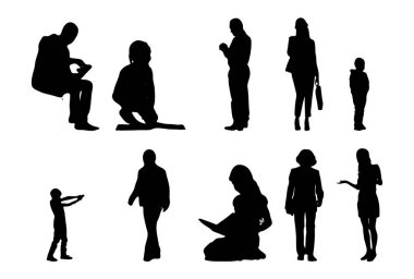 Vektör siluetleri, insanların ana hatları, Contour çizimleri, insanların siluetleri, ikon kümesi izole edilmiş, oturan insanların silueti, mimari set