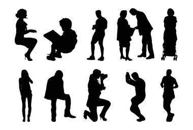 Vektör siluetleri, insanların ana hatları, Contour çizimleri, insanların siluetleri, ikon kümesi izole edilmiş, oturan insanların silueti, mimari set