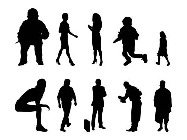 Vektör siluetleri, insanların ana hatları, Contour çizimleri, insanların siluetleri, ikon kümesi izole edilmiş, oturan insanların silueti, mimari set
