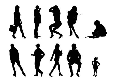 Vektör siluetleri, insanların ana hatları, Contour çizimleri, insanların siluetleri, ikon kümesi izole edilmiş, oturan insanların silueti, mimari set