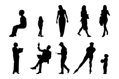 Vektör siluetleri, insanların ana hatları, Contour çizimleri, insanların siluetleri, ikon kümesi izole edilmiş, oturan insanların silueti, mimari set