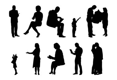 Vektör siluetleri, insanların ana hatları, Contour çizimleri, insanların siluetleri, ikon kümesi izole edilmiş, oturan insanların silueti, mimari set