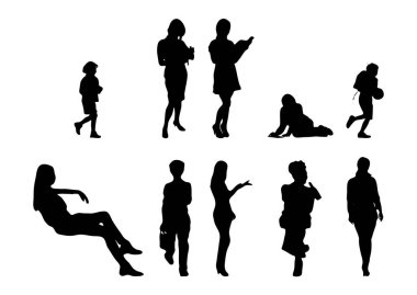 Vektör siluetleri, insanların ana hatları, Contour çizimleri, insanların siluetleri, ikon kümesi izole edilmiş, oturan insanların silueti, mimari set