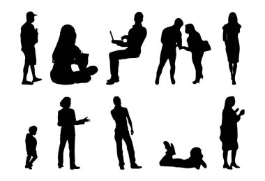 Vektör siluetleri, insanların ana hatları, Contour çizimleri, insanların siluetleri, ikon kümesi izole edilmiş, oturan insanların silueti, mimari set