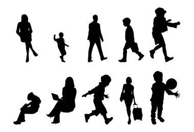 Vektör siluetleri, insanların ana hatları, Contour çizimleri, insanların siluetleri, ikon kümesi izole edilmiş, oturan insanların silueti, mimari set