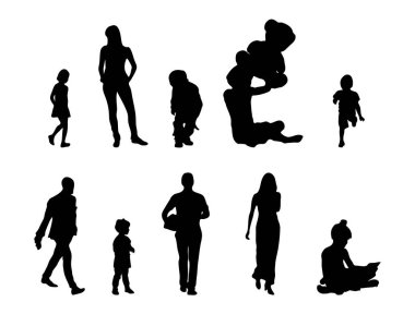 Vektör siluetleri, insanların ana hatları, Contour çizimleri, insanların siluetleri, ikon kümesi izole edilmiş, oturan insanların silueti, mimari set