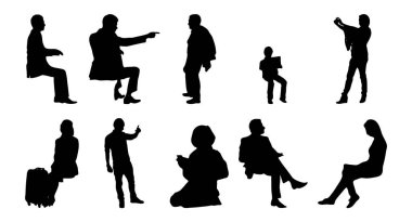 Vektör siluetleri, insanların ana hatları, Contour çizimleri, insanların siluetleri, ikon kümesi izole edilmiş, oturan insanların silueti, mimari set