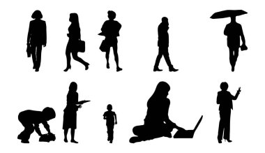 Vektör siluetleri, insanların ana hatları, Contour çizimleri, insanların siluetleri, ikon kümesi izole edilmiş, oturan insanların silueti, mimari set