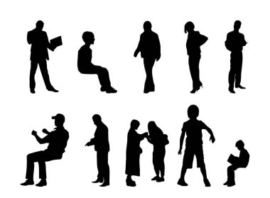 Vektör siluetleri, insanların ana hatları, Contour çizimleri, insanların siluetleri, ikon kümesi izole edilmiş, oturan insanların silueti, mimari set