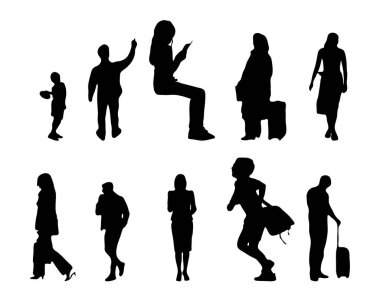 Vektör siluetleri, insanların ana hatları, Contour çizimleri, insanların siluetleri, ikon kümesi izole edilmiş, oturan insanların silueti, mimari set