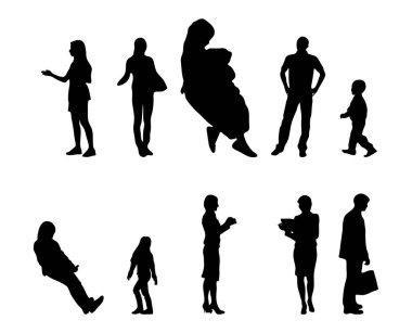 Vektör siluetleri, insanların ana hatları, Contour çizimleri, insanların siluetleri, ikon kümesi izole edilmiş, oturan insanların silueti, mimari set