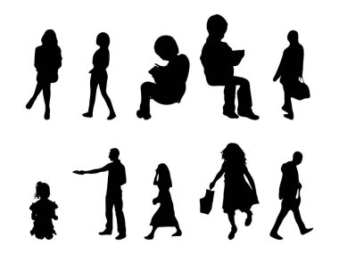 Vektör siluetleri, insanların ana hatları, Contour çizimleri, insanların siluetleri, ikon kümesi izole edilmiş, oturan insanların silueti, mimari set