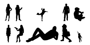 Vektör siluetleri, insanların ana hatları, Contour çizimleri, insanların siluetleri, ikon kümesi izole edilmiş, oturan insanların silueti, mimari set
