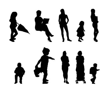 Vektör siluetleri, insanların ana hatları, Contour çizimleri, insanların siluetleri, ikon kümesi izole edilmiş, oturan insanların silueti, mimari set