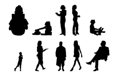 Vektör siluetleri, insanların ana hatları, Contour çizimleri, insanların siluetleri, ikon kümesi izole edilmiş, oturan insanların silueti, mimari set